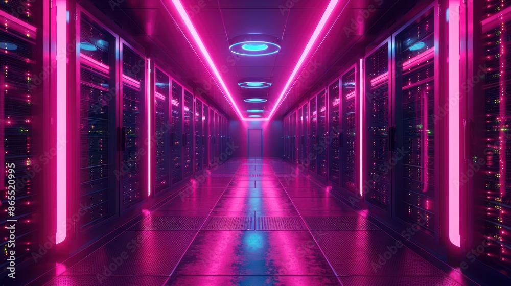 Fototapeta premium High-tech server room Filled with neon lights and advanced networking equipment