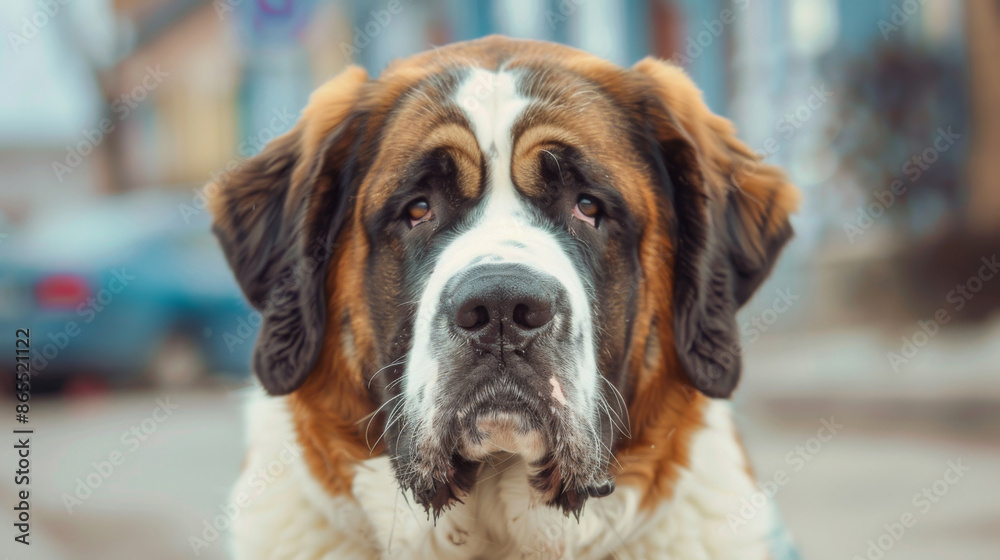 A large well-behaved dog with a sad expression on its face walking in street A large well-behaved dog with a sad expression on its face walking in street