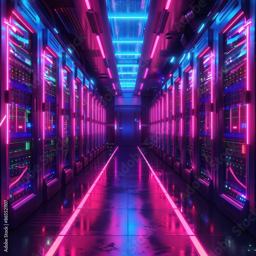 High-tech server room Filled with neon lights and advanced networking equipment © Jang