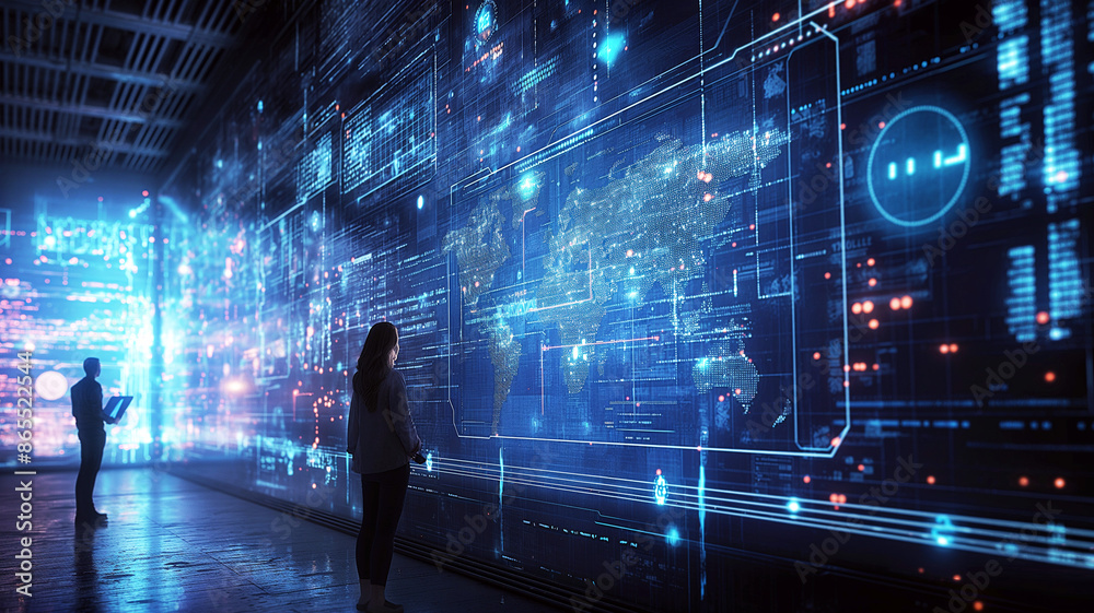 Woman looking at analyzing data on hologram monitor Woman looking at analyzing data on hologram monitor