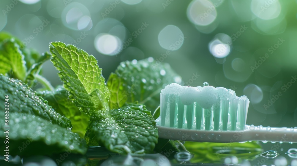 Close-Up of Toothbrush with Toothpaste and Fresh Mint Leaves Highlighting Cleanliness and Freshness Close-Up of Toothbrush with Toothpaste and Fresh Mint Leaves Highlighting Cleanliness and Freshness