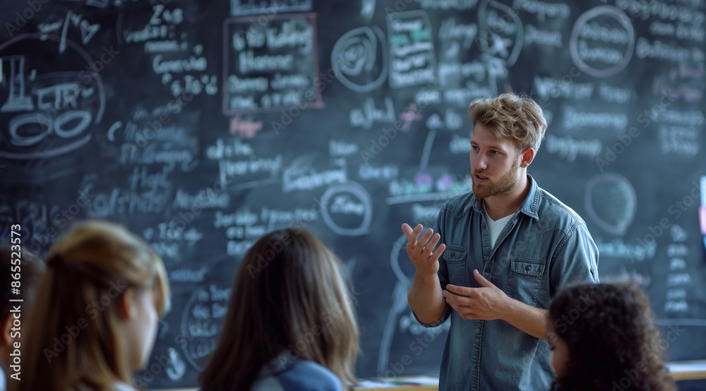 Young male teacher standing with college or high school students, talking and discussing near a blackboard in the classroom during a lesson. Education, learning and teaching. Young male teacher standing with college or high school students, talking and discussing near a blackboard in the classroom during a lesson. Education, learning and teaching.