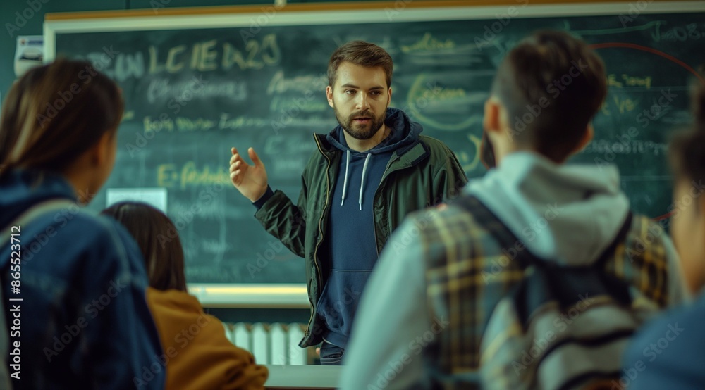Young male teacher standing with college or high school students, talking and discussing near a blackboard in the classroom during a lesson. Education, learning and teaching concept. Young male teacher standing with college or high school students, talking and discussing near a blackboard in the classroom during a lesson. Education, learning and teaching concept.