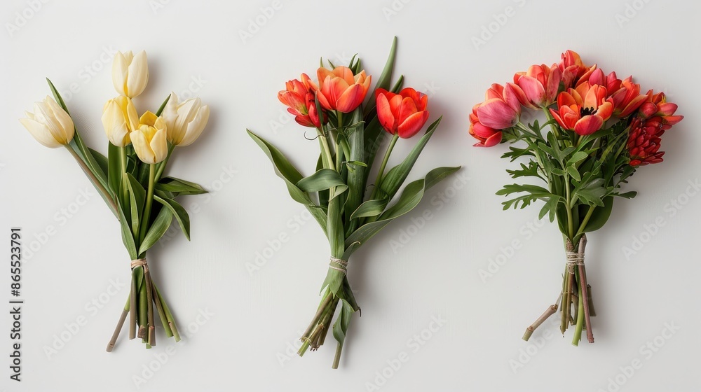 Obraz premium Tulip flower bouquets showcased individually on a white background