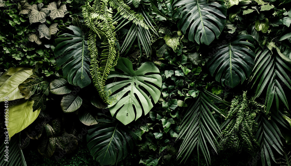 Fototapeta premium Vibrant green foliage wall. Bright plant leaves. Natural backdrop.