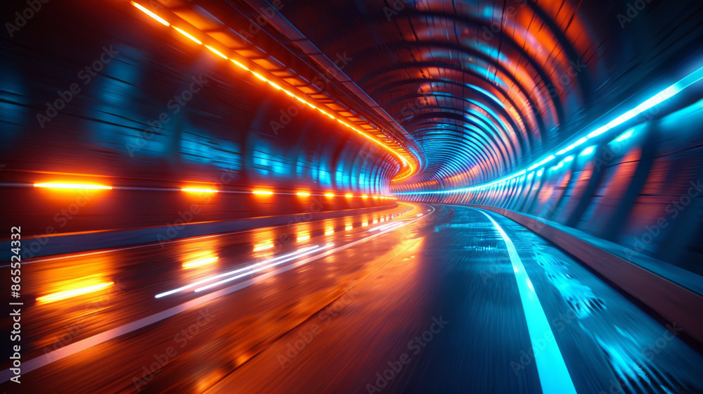 Futuristic tunnel with vibrant blue and orange lights, creating a sense of speed and motion Futuristic tunnel with vibrant blue and orange lights, creating a sense of speed and motion