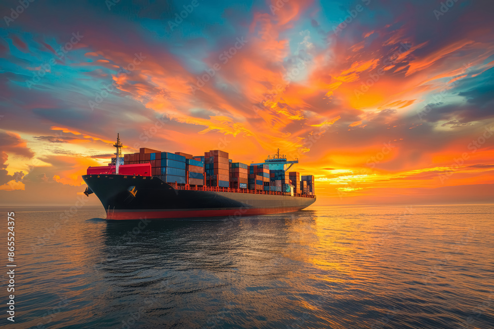 Cargo ship carrying container boxes in the ocean, sunset. Concept of transportation and international logistics. Cargo ship carrying container boxes in the ocean, sunset. Concept of transportation and international logistics.