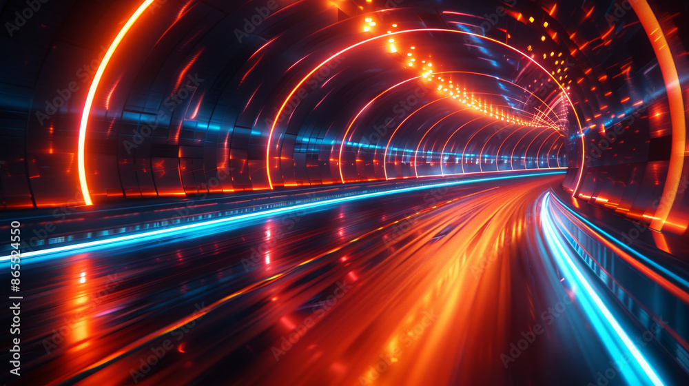 Glowing neon tunnel with vivid red and blue light streaks, creating a dynamic sense of speed and futuristic movement Glowing neon tunnel with vivid red and blue light streaks, creating a dynamic sense of speed and futuristic movement