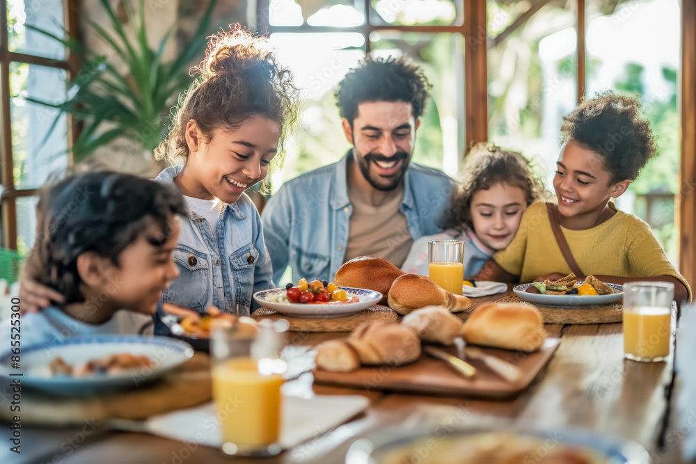 Photograph with selective and soft focus of happy multi ethnic family during breakfast. Young adult man father with his for children eating breakfast at home. Father's Day. Photograph with selective and soft focus of happy multi ethnic family during breakfast. Young adult man father with his for children eating breakfast at home. Father's Day.