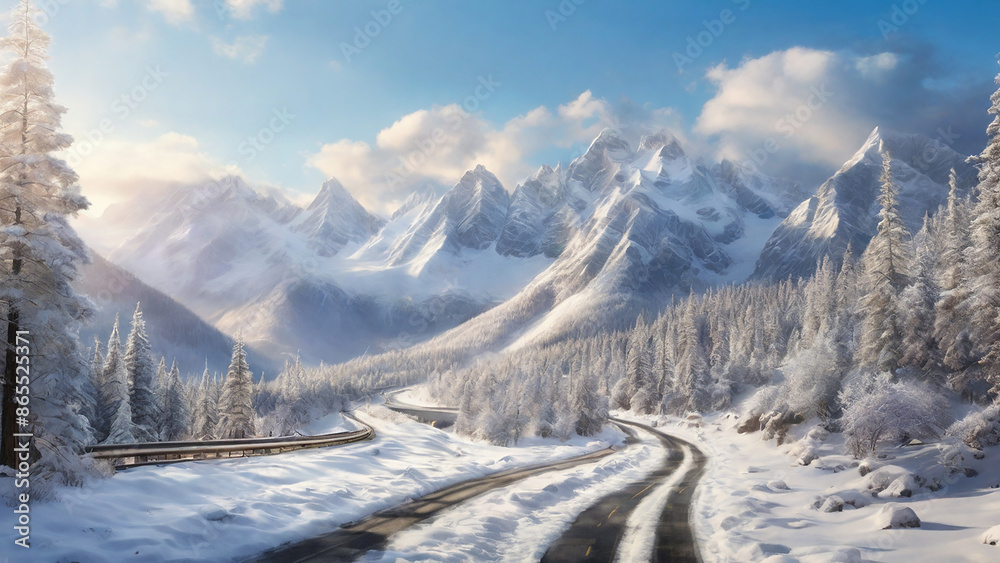 Over view of a snow-covered road, snaking through the majestic mountains. Over view of a snow-covered road, snaking through the majestic mountains.