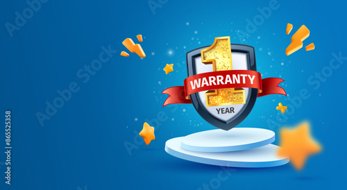 1 year guarantee label vector illustration. 3d one year warranty on blue background. Warranty service security products. Golden number one with red ribbon on podium.