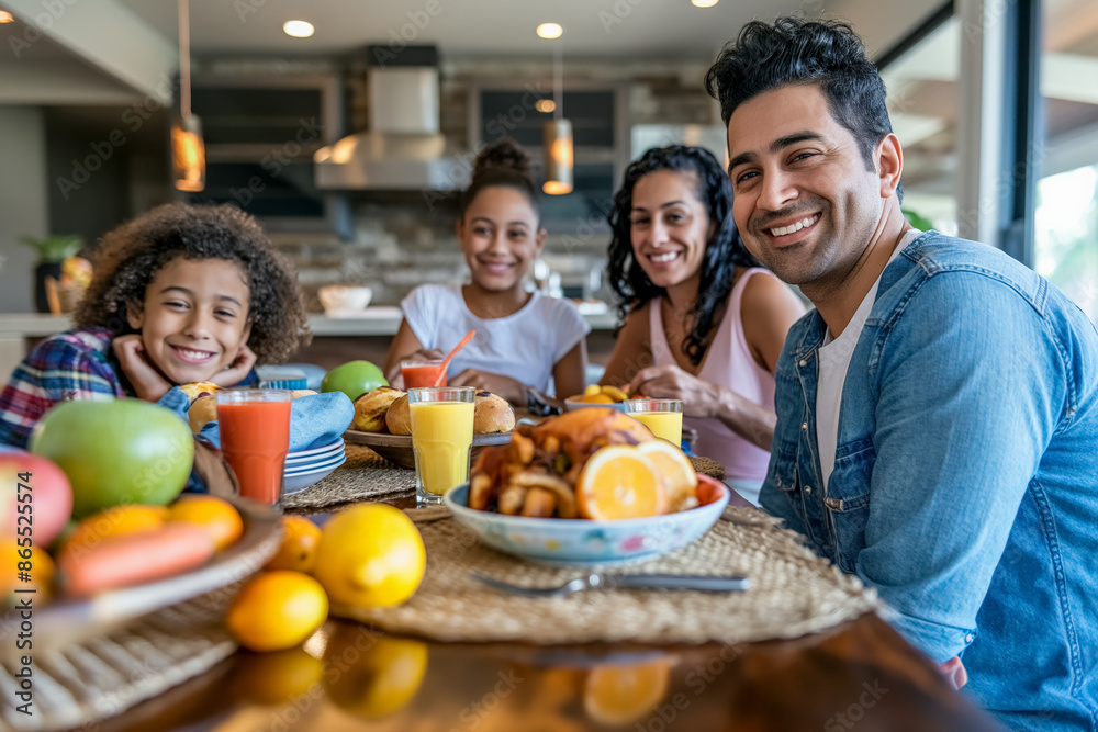 Portrait with selective focus of Happy multi-ethnic family having meal at home. Parents and children togetherness. Portrait with selective focus of Happy multi-ethnic family having meal at home. Parents and children togetherness.