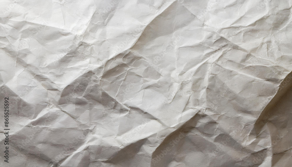 Fototapeta premium crumpled white office kraft sheet paper, abstract minimalistic texture background wallpaper with space for copy and presentation, waste recycling