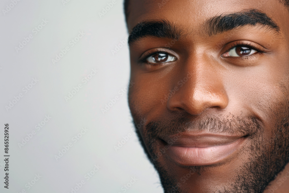 A smiling African American man, with a focus on his clear skin and joyful expression A smiling African American man, with a focus on his clear skin and joyful expression