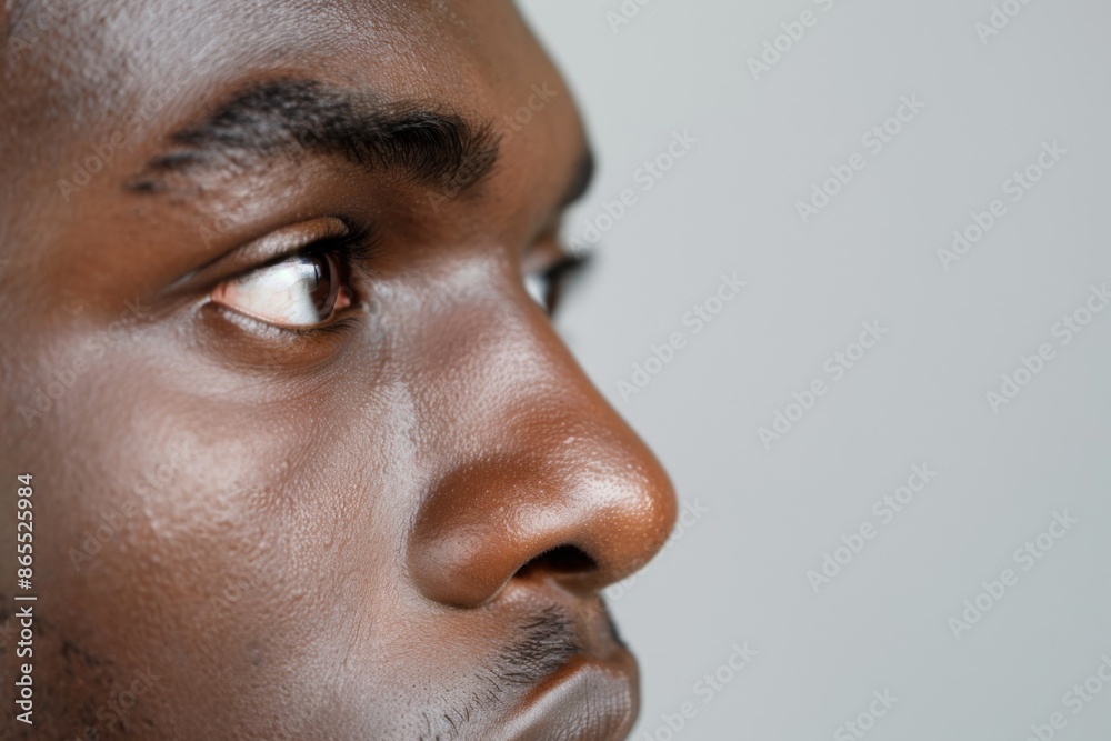 A close-up of an African American man's eye, capturing the detail and texture of his skin A close-up of an African American man's eye, capturing the detail and texture of his skin