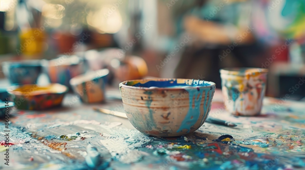 Blurred image with empty area Painting with watercolor Creating craft on ceramic Art class for creativity Leisure pursuit Blurred image with empty area Painting with watercolor Creating craft on ceramic Art class for creativity Leisure pursuit