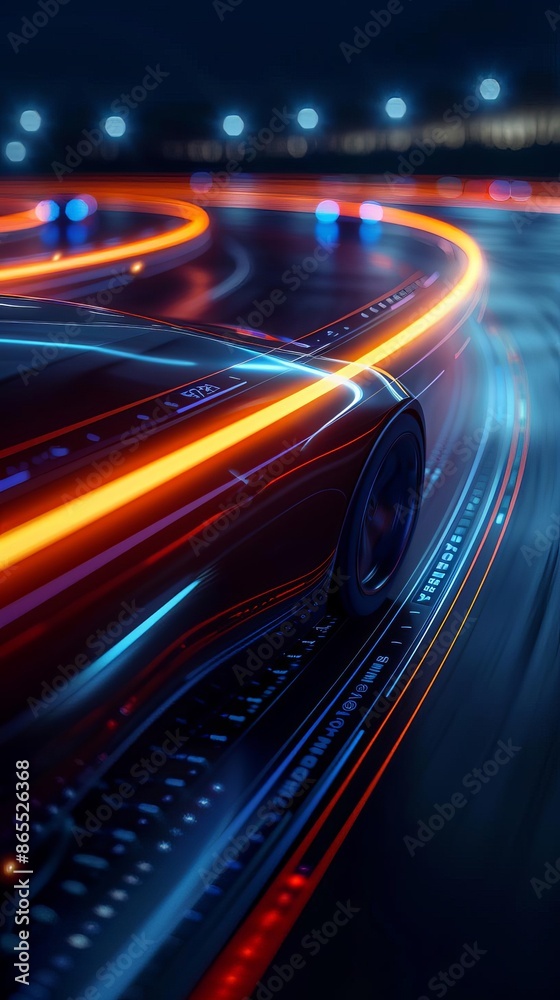 A futuristic car speeding through a neon-lit racetrack. A futuristic car speeding through a neon-lit racetrack.