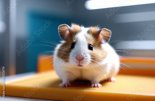 A cute brown-white hamster stands on a orange table in the veterinary office