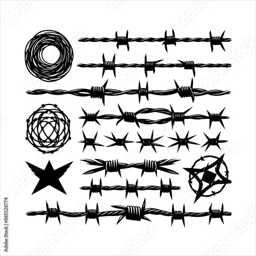 Barbed wire collection vector. Barbed wire logo. Razor Wire in trendy minimal geometric style. Brutal prison fence collection. Isolated barbed wire on a white background