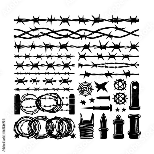 Barbed wire collection vector. Barbed wire logo. Razor Wire in trendy minimal geometric style. Brutal prison fence collection. Isolated barbed wire on a white background