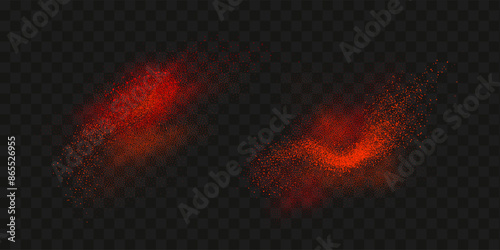 Grainy scatterings of  spicy burst . Splashes of  red pepper powder.Overlay effect chilli or paprika spice splatters. Vector realistic illustration of hot dried spice.