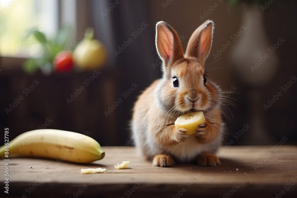 Fototapeta premium Cute Bunny Eating A Banana