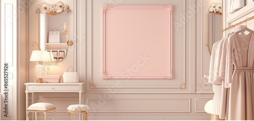 Minimalist Pink Canvas Frame in a Feminine Dressing Room with Soft Lighting and Luxurious Decor photo