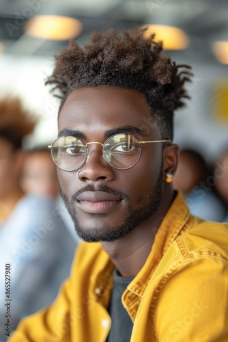 A close-up portrait of a man wearing glasses