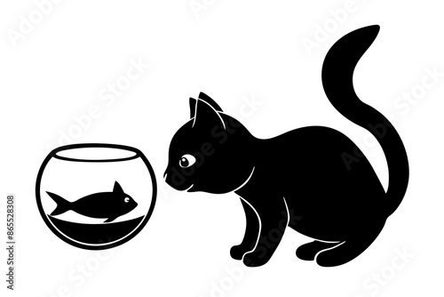 A kitten tries to play with a fish in a bowl silhouette vector illustration