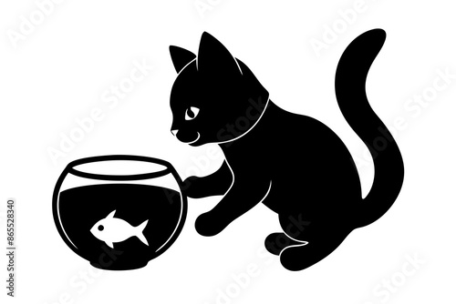 A kitten tries to play with a fish in a bowl silhouette vector illustration