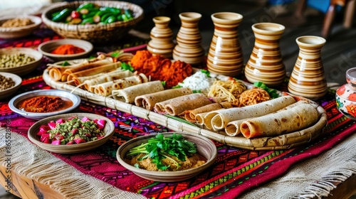 Traditional Ethiopian cuisine showcased with rolls, salads, and spices on a colorful table setting for a vibrant and cultural dining experience.