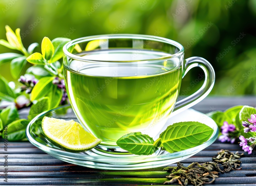 A refreshing cup of green tea with lemon, surrounded by fresh leaves and flowers, set against a natural green background. A refreshing cup of green tea with lemon, surrounded by fresh leaves and flowers, set against a natural green background.