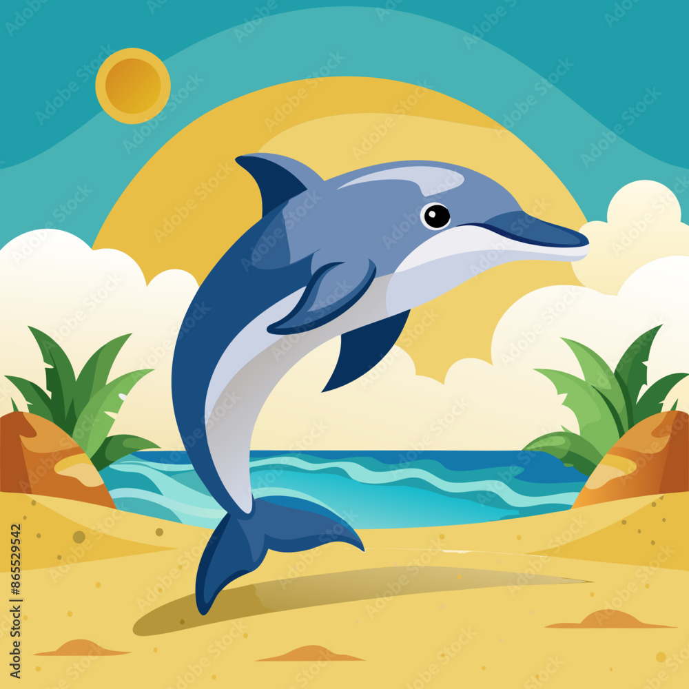 Obraz premium Dolphin preoccupied runs beach vector illustration
