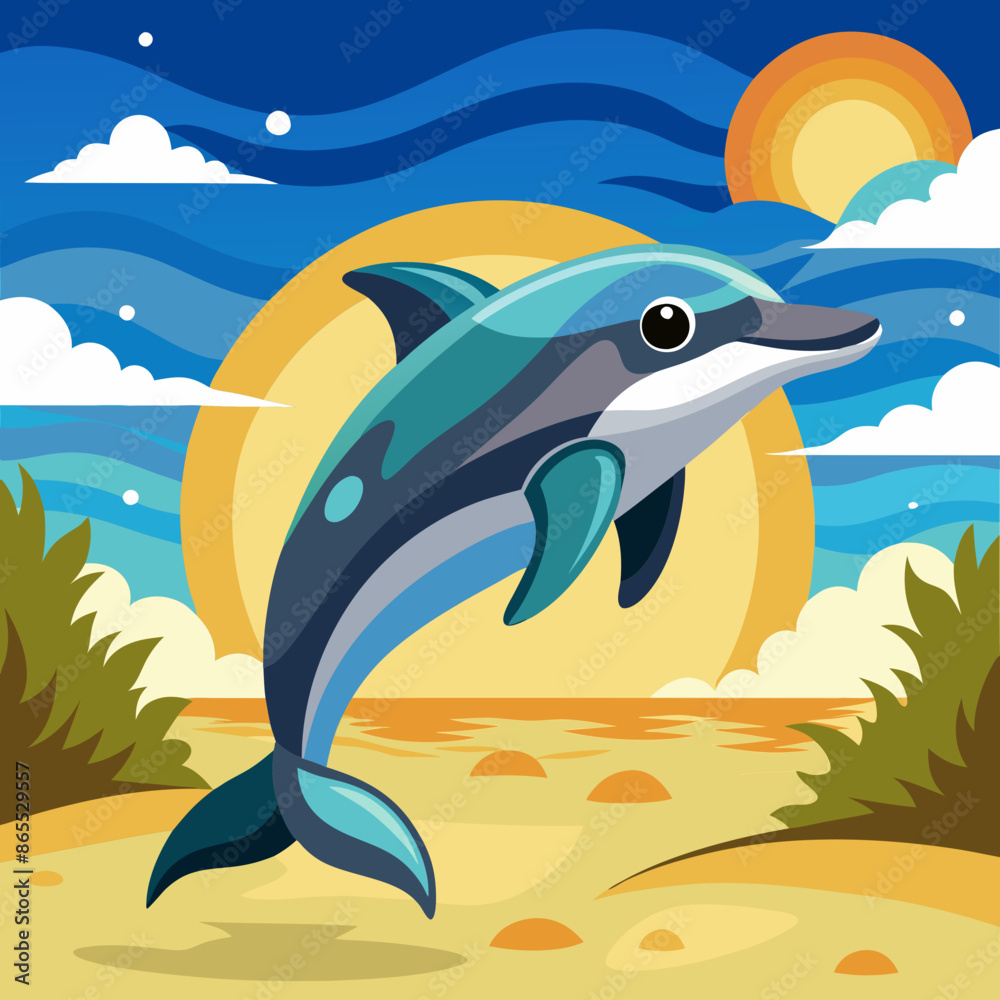 Obraz premium Dolphin preoccupied runs beach vector illustration
