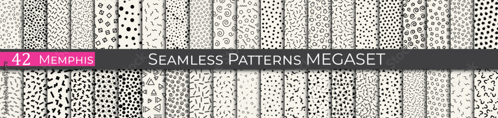 Memphis mega pattern set. Vintage 80s decoration pattern. Subtle memphis style hipster art.