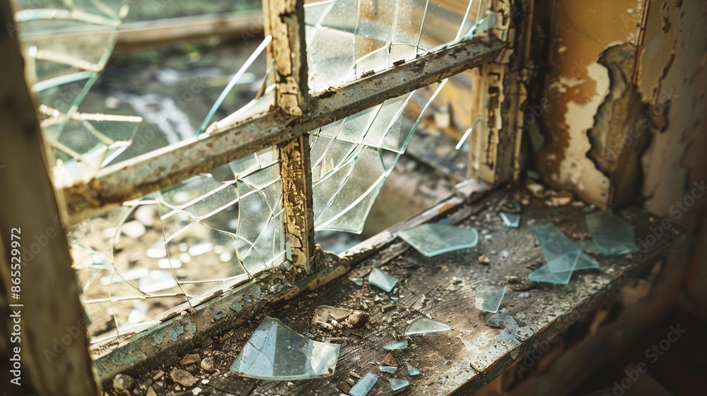 Close-up of shattered glass on a window frame in an abandoned building ...
