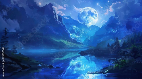 majestic moon reflecting on river at night starry mountain landscape enchanting scenery concept art for book cover or video game