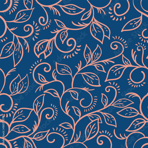 24062801 Floral scribble seamless on blue background