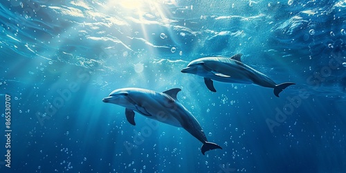 dolphins or Delphinidae swimming underwater underwater marine life with bubbles and sunlight in blue deep waters, wide banner of marine life with copy space. Generative ai