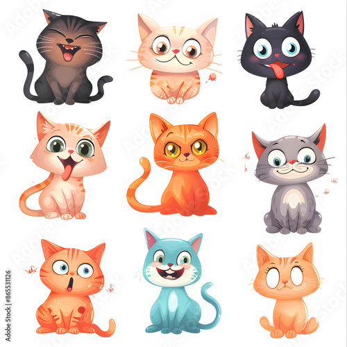 collection of cute cats with various emotions: ideal for children's activities isolated on white background, space for captions, png