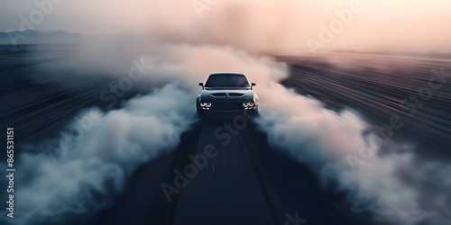 Digital background featuring car drifting burnout with black smoke. Concept Car Drifting, Burnout, Black Smoke, Digital Background photo