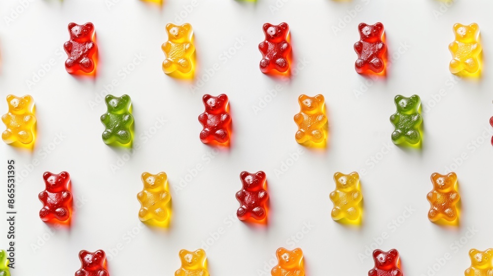 Colorful Gummy Bears Arranged in a Pattern on a White Background Colorful Gummy Bears Arranged in a Pattern on a White Background