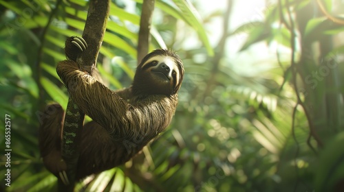 A cute sloth is hanging on a tree branch in the middle of a lush green jungle. © Pixel