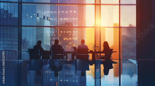 In a sleek,modern bank office,a business meeting is in full swing. Executives and managers sit around a large conference table,laptops and notepads open,ready to discuss important financial strategies