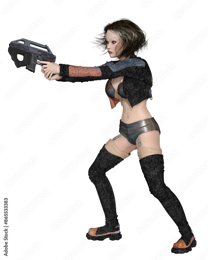 Female Cyber Punk Sci-Fi Mercenary - Firing Pose, 3d digitally rendered science fiction illustration of a fictional character Female Cyber Punk Sci-Fi Mercenary - Firing Pose, 3d digitally rendered science fiction illustration of a fictional character