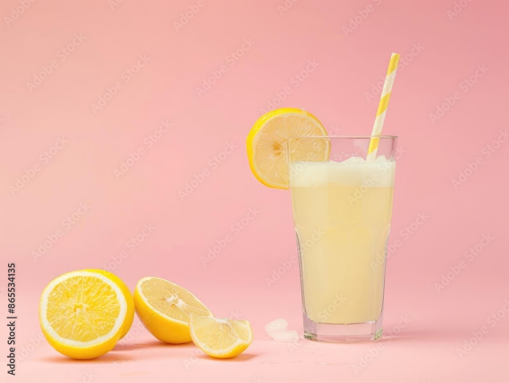 Refreshing lemonade with sliced lemon and straw on pink background. Perfect summer drink for a hot day. Refreshing lemonade with sliced lemon and straw on pink background. Perfect summer drink for a hot day.