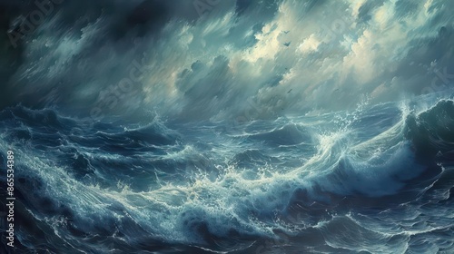 natures fury unleashed dramatic oil painting of a turbulent stormy sea with massive crashing waves © Bijac