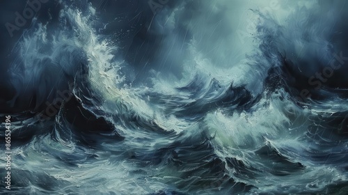 natures fury unleashed dramatic oil painting of a turbulent stormy sea with massive crashing waves photo