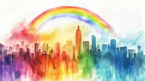 Colorful new york city skyline with rainbow. Vibrant watercolor painting of the New York City skyline with a bright rainbow, perfect for projects related to travel, hope, and diversity.