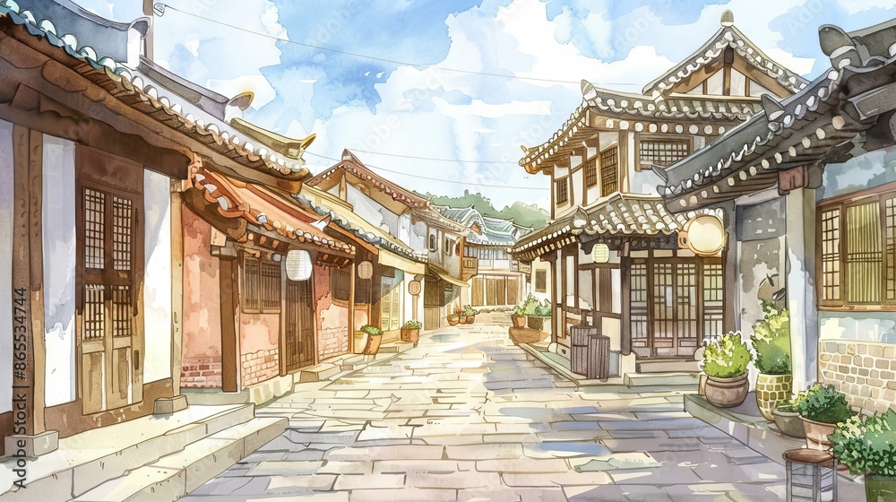 Traditional asian street scene. Watercolor painting of a charming historic street in Asia with traditional architecture, perfect for travel and culture projects. Traditional asian street scene. Watercolor painting of a charming historic street in Asia with traditional architecture, perfect for travel and culture projects.
